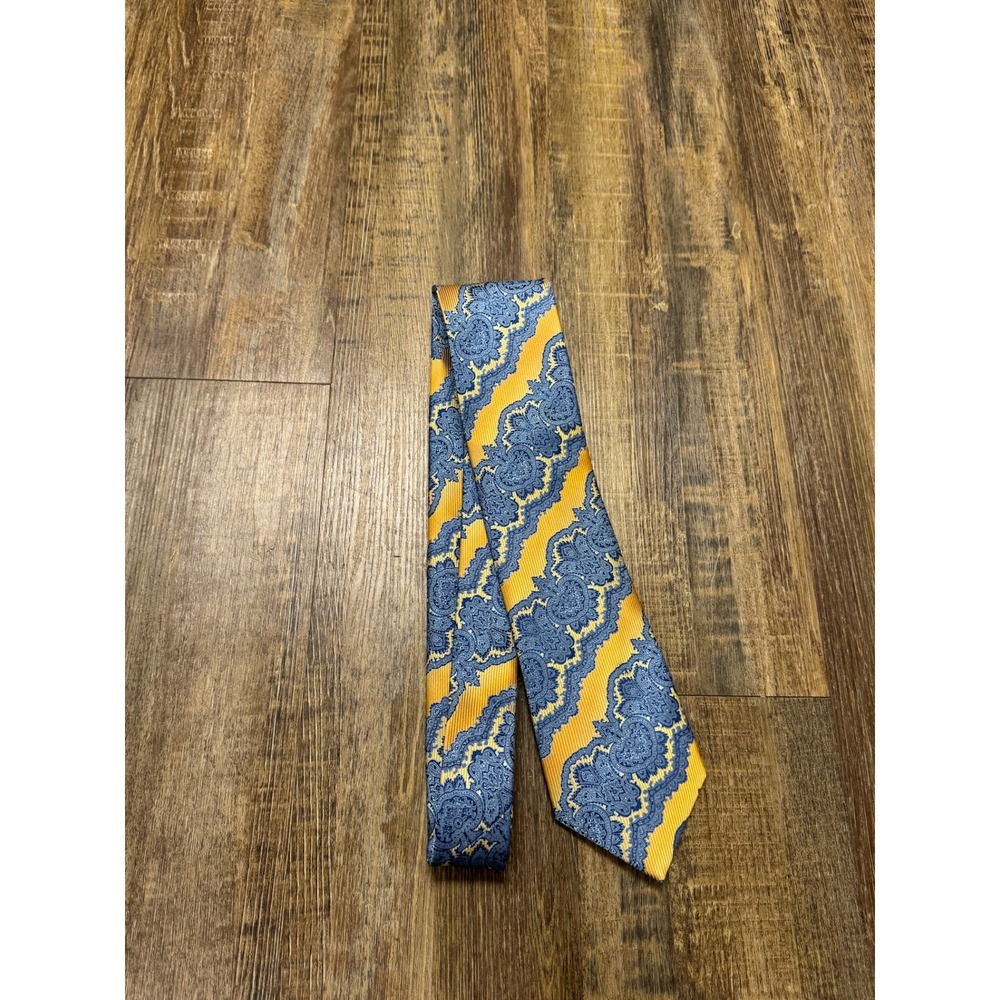 Stacy Adams Signature Gold Mens Paisley Necktie Yellow Blue Microfiber Hand Made - Picture 11 of 14